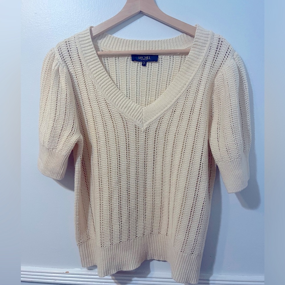 Rachel Roy Open Knit Cream V-Neck Short Puff Sleeve Sweater. Size L .